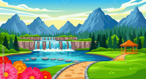 Beautiful waterfall, mountains, and garden with flowers, a serene natural landscape illustration