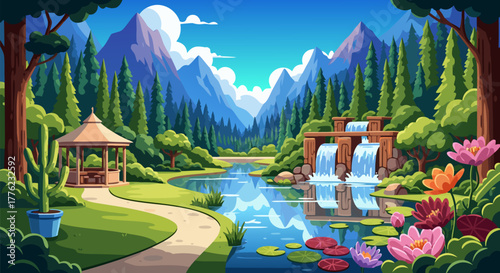 Serene Garden Oasis A Tranquil Landscape with Waterfalls, Gazebo, and Blooming Flowers