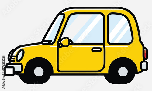 Yellow cartoon compact car illustration, side view of a small, cheerful vehicle ideal for conveying a sense of personal mobility and urban transport