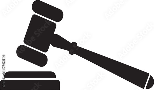 Black silhouette of a judge's gavel striking a sounding block on a white background justice