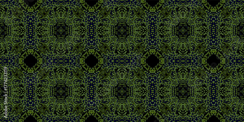 Luxurious Green and Black Mosaic Wallpaper, seamless textile. tile backdrop. Dark Green and Blue Textured Tile Design. Elegant Woven Abstract Repeating Design
