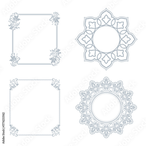 Set of decorative frames Elegant vector element for design in Eastern style, place for text. Floral gray and white borders. Lace illustration for invitations and greeting cards