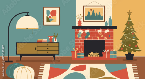 Cozy living room decorated for Christmas with tree and fireplace concept of idea design for t-shirt  