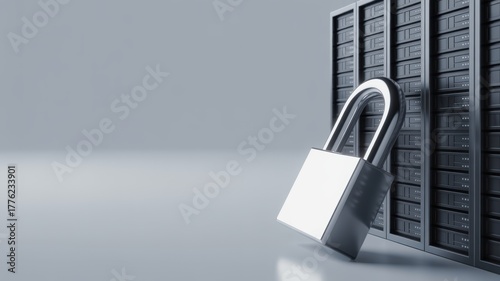 Technology of degital privacy for startup, Secure padlock next to data storage servers.