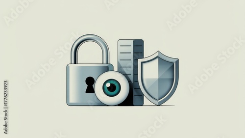 Technology of degital privacy for startup, Security icons featuring a lock, shield, and an eye symbol.
