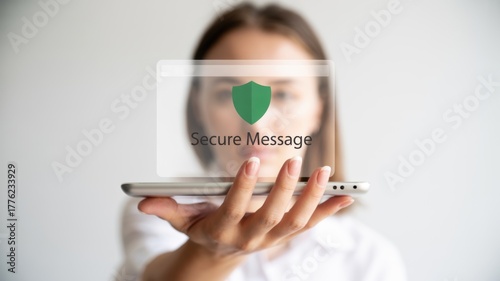 Technology of degital privacy for startup, Transparent device displaying secure message concept.