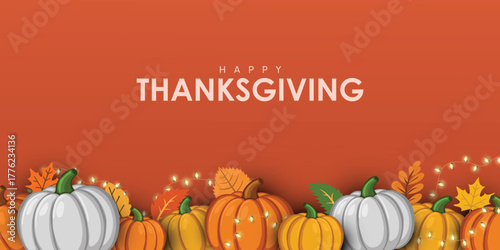 Happy Thanksgiving Day greeting card with autumn leafs and pumpkins for poster, banner, postcard. Creative vector illustration design.