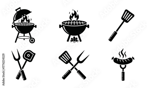 A simple collection of six black grilling and barbecue icons for outdoor cooking and picnic themes, featuring grills, spatulas, and food