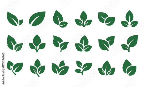 A curated collection of stylized green leaf icons. Versatile set of flat foliage symbols for organic, nature, and eco-friendly design projects