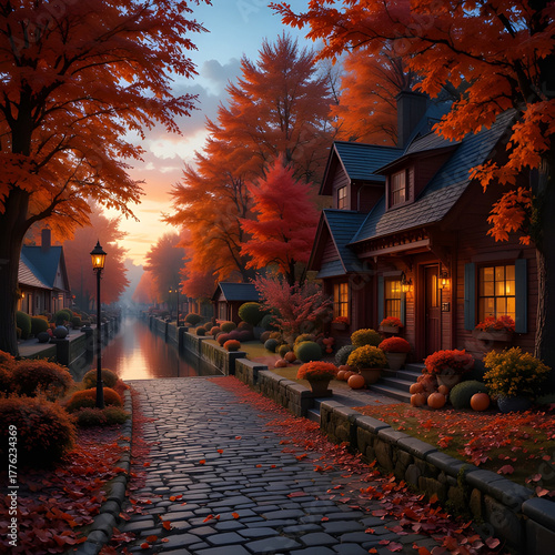 Enchanting Autumn Village Street with Glowing Lanterns, Fiery Foliage, and a Serene Canal at Sunset