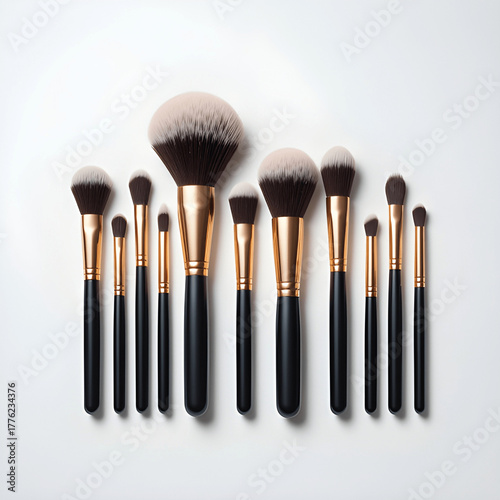 Elegant Collection of Professional Makeup Brushes on White Background Showcasing Soft Bristles and Premium Design