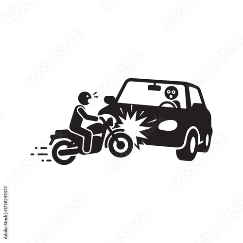Motorcycle and Car Crash Icon, Road Accident Symbol with Motorbike and Vehicle, Collision Pictogram
