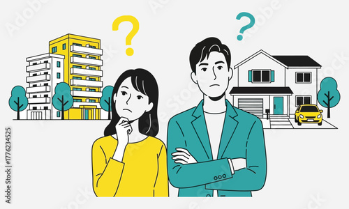 Couple contemplating between apartment living and owning a detached house with a garage