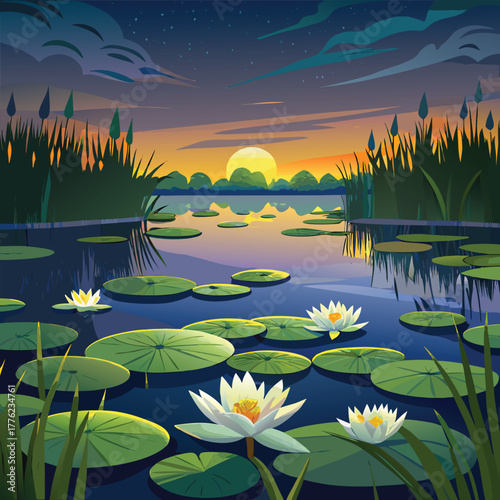 Sunset lake with water lilies illustration