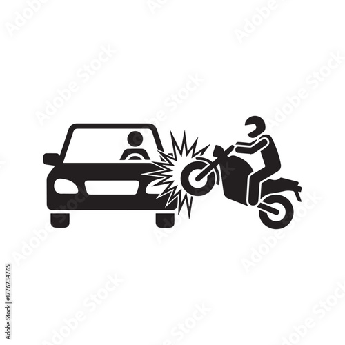 Motorcycle and Car Crash Icon, Road Accident Symbol with Motorbike and Vehicle, Collision Pictogram
