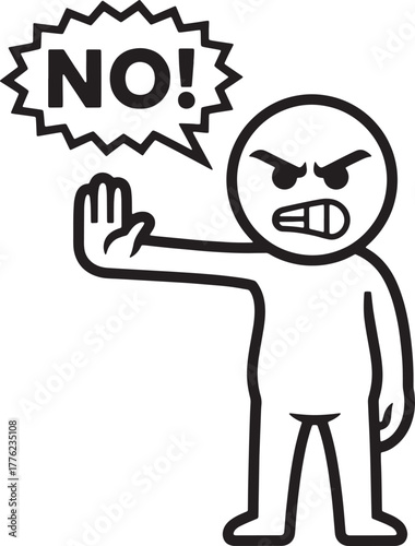 An angry cartoon character with a speech bubble saying no