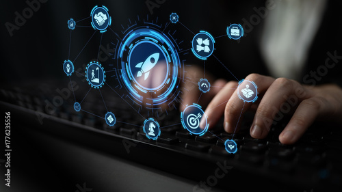 Startup launch and business growth concept, rocket symbolism, entrepreneurship, startup innovation, and early-stage success strategies for new business development and expansion. Entice