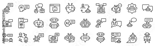 Set of 30 outline icons related to chatbot. Linear icon collection. Editable stroke. Vector illustration