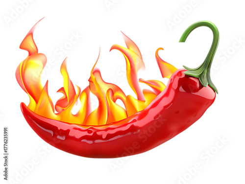 A vibrant red chili pepper engulfed in bright orange and yellow flames isolated on white background