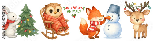 Cute forest animals Christmas PNG clipart — rabbit decorating tree, owl in rocking chair, fox with snowman, reindeer with lights — transparent background watercolor set