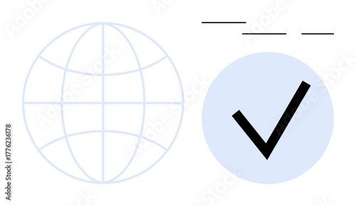 Outlined globe symbol paired with a bold checkmark against a light blue circle. Ideal for themes of global communication, success, online approval, international standards, data accuracy