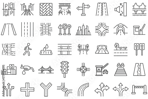 Road infrastructure icon vector set. Icons for highways, construction, traffic, transport, bridges, and road signs, direction, crossroad and more. Vector illustration. 