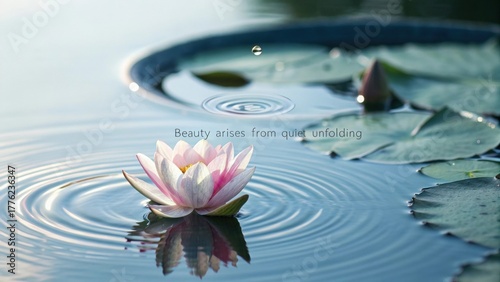 A beautiful pink lotus flower floating peacefully on water