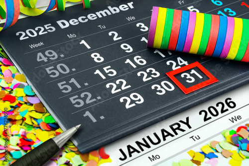 Calendar 2025 and 2026 December 31  New Years Eve and January with Party Decoration