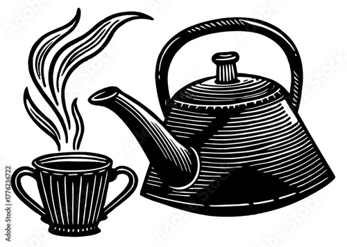 Classic teapot and steaming cup silhouette vector graphic in a vintage woodcut style for hot beverage designs