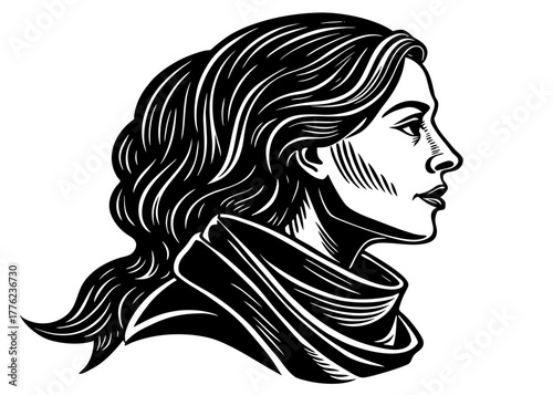 Elegant woman profile vector silhouette with flowing hair and scarf in a monochrome illustration style
