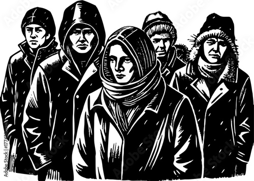 Vector silhouette of a diverse group of people in winter clothing with serious expressions on a cold day