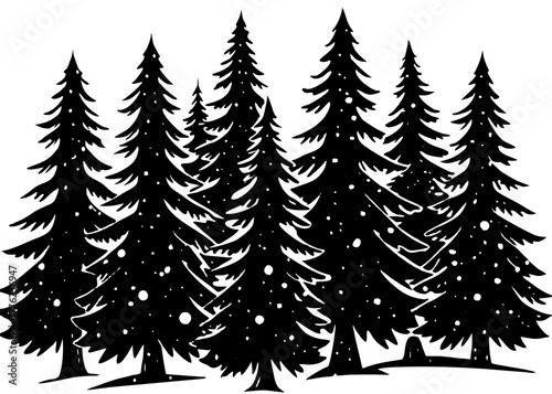 Pine trees vector silhouette featuring a forest of evergreen conifers with a touch of snow on branches