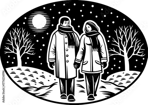 Romantic winter night vector silhouette of a couple walking hand in hand through snowy landscape under a full moon