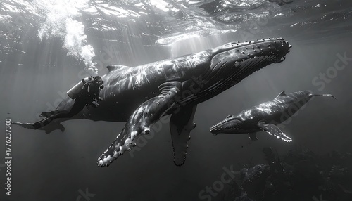 Grayscale shot of a diver near two humpback whales swimming gracefully underwater in sunlit ocean