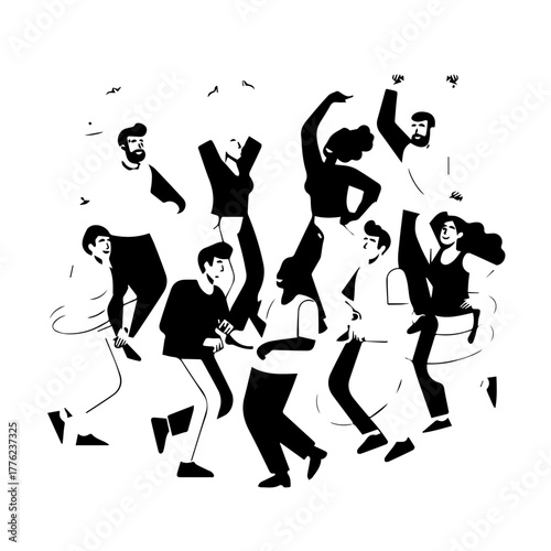 Dynamic Group Dance Illustration in Black and White with Freedom and Spontaneity