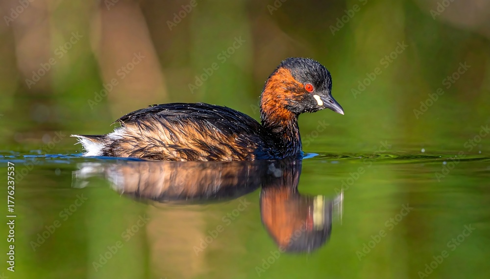 Obraz premium Grebe swims serenely on a pond, reflected in the still water, amid a vibrant green backdrop