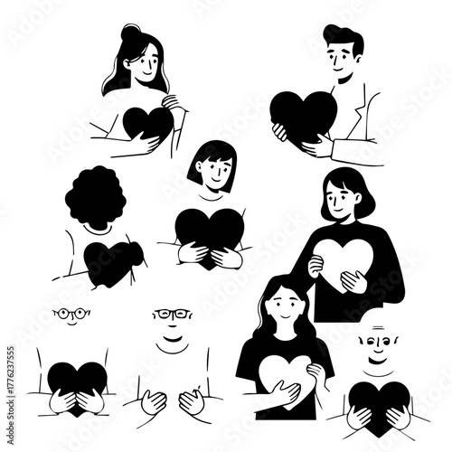 Nine Black-and-White Digital Illustrations of Diverse People Holding Hearts in a 3x3 Grid with Bold Lines and Simple Styling