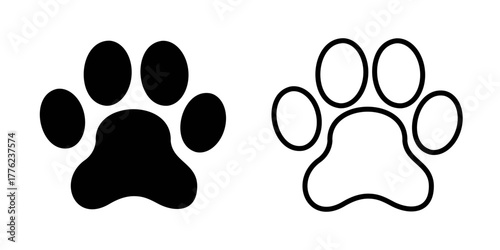 Dog or cat paw icons. Black silhouettes of puppy or kitty footprint isolated on white background. Veterinary clinic or pet shop pictograms. Vector graphic illustration.