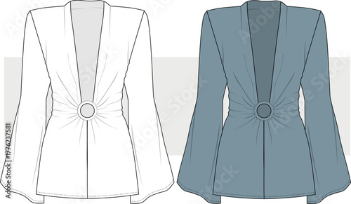 Women's bell sleeve mini dress fashion design, illustration. Dress technical drawing, vector. CAD, Mockup.