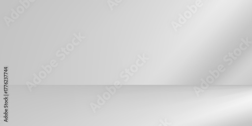 A plain, white, softly textured surface with light shadows. 3D Background Grey Wall Studio Room with Light, Shadow on Table Top.