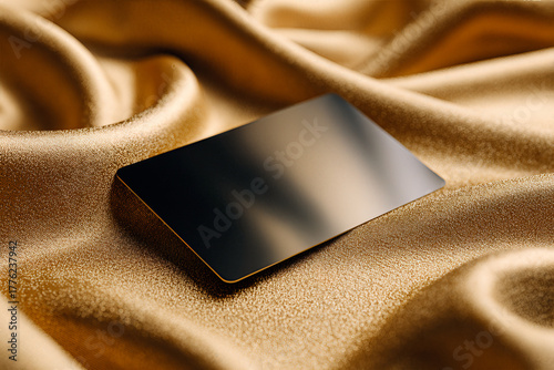 Glossy black business card placed on a smooth satin gold fabric background, minimal and unbranded design