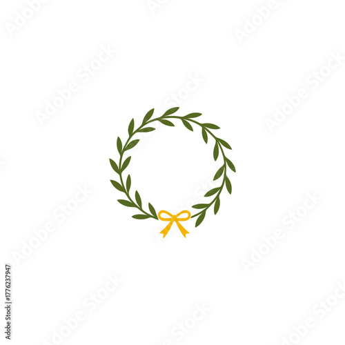 Minimalist Christmas Wreath with Green Leaves and Yellow Bow