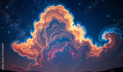 a painting of a storm cloud in the sky with stars twinkling in the background. The sky is filled with dark, ominous clouds, and the stars are illuminated by a bright light, creating a dramatic