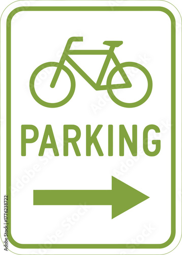 Green bicycle parking vector sign with bold text, directional arrow, and icon, guiding cyclists to designated parking areas efficiently.