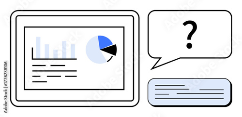 Analytics dashboard with bar and pie charts, conversation bubble with question mark, and text card. Ideal for communication, analytics, technology, learning, problem-solving, data presentation