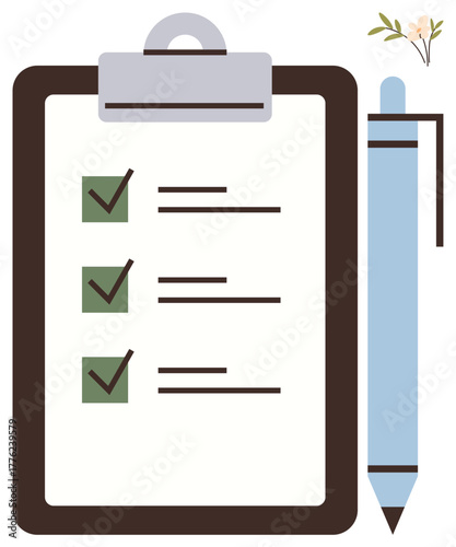Clipboard with checklist and green checkmarks next to completed tasks, accompanied by a blue pen and small floral design. Ideal for productivity, organization, planning, time management, work habits