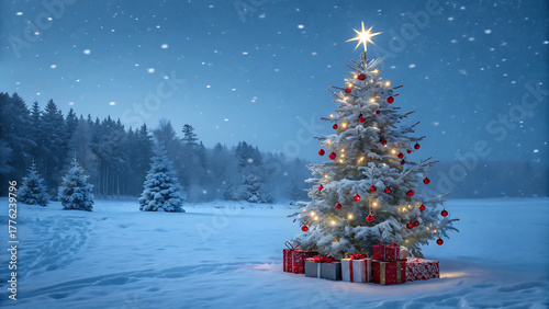 A beautifully decorated christmas tree stands majestically in a snowcovered landscape, its lights twinkling against the serene blue of the winter evening