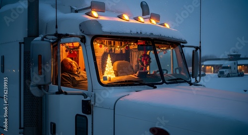Snowy night outside a parked semi-truck, a lone driver enjoys a festive and cozy cabin interior illuminated by a small Christmas tree and twinkling holiday lights