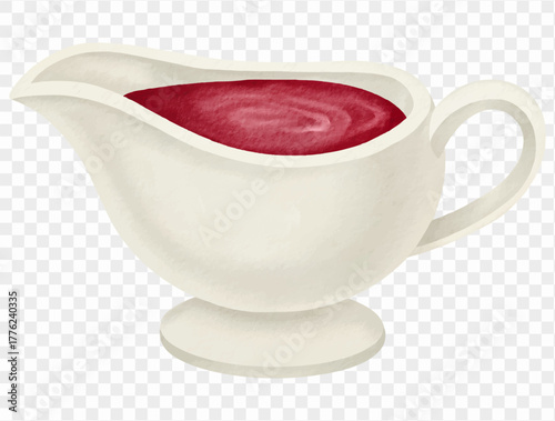 Watercolor gravy boat with brown sauce for Thanksgiving dinner illustration. Vector.