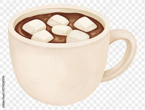 Watercolor hot chocolate with marshmallows for winter and Thanksgiving. Vector.
